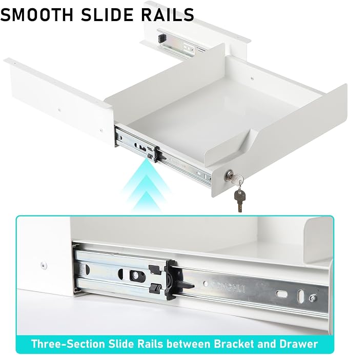 Under Desk Drawer Storage with Lock, Metal Undermount Table Drawer, Ball Bearing Slides Out Tray Organizer for Paper, Pencil, and Laptop 16"x11.8"x3.6", White
