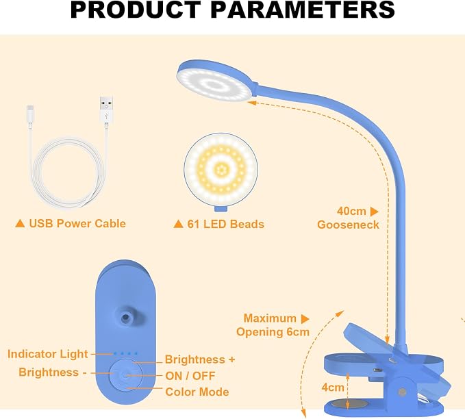 Cordless Clip on Reading Light, Rechargeable LED Book Lamp for Kids, Flexible and Dimmable Clamp Light with 3 Color Modes & 10 Brightness for Students Dorm Room Desk Bunk Bed Headboard (Blue/3.5'')