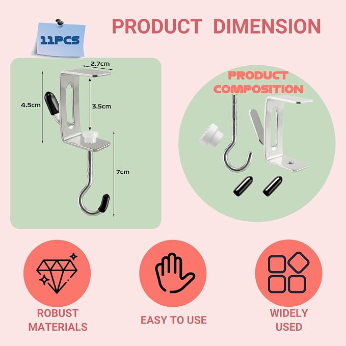 11 Pcs Desk Hook for Bag,Upgraded 2-Hook Metal Clamp Hooks,Purse Hook for Table,Adjustable Heavy Duty Clipa Bag Hanger Under Desk,Shelf Hooks for Hanging with Scratch-Proof Rubber Cover