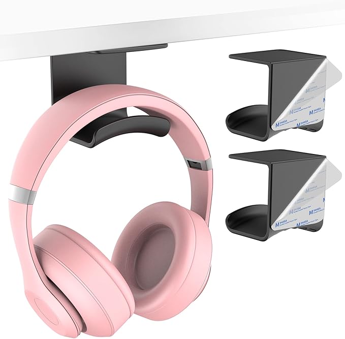 HomeMount Headphone Hook Under Desk - Headphone Holder Under Table, Adhesive Gaming Headphone Stand Hanger Desk Mount for Most Headphone(Black-2P)