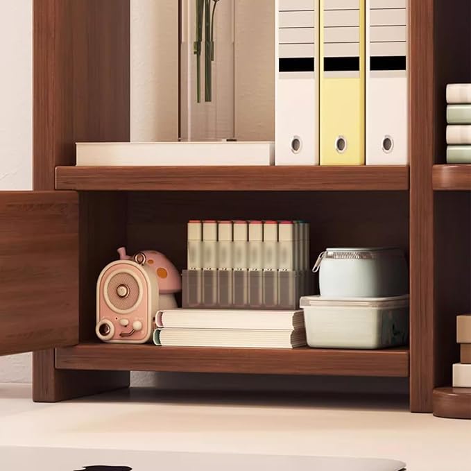 Desktop Corner Bookshelf with Storage Stable Wooden Structure Multifunctional Freestanding Display Rack for Home Dorm Office Supplies(Brown)