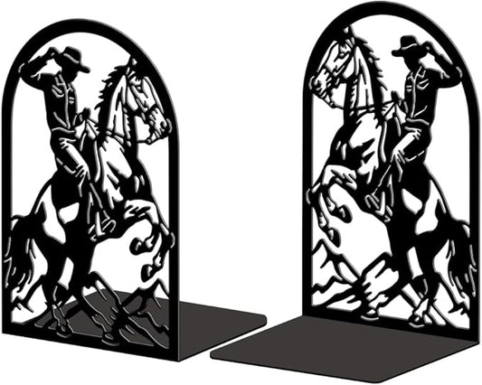Peacoblue Metal Bookends for Shelves, Modern Decorative Heavy Duty Study Book Ends Stoppers for Office, Desk, Shelf, Room 5.3"x4.3"x7.9" Cast Iron Simple Tall Bookends 1 Pair (Cowboy Horse Riding)