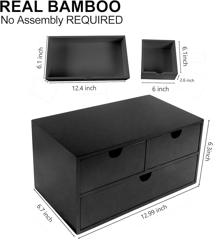 Charmewooden desk organizer with drawers countertop drawer organizer Tabletop Storage Organization Box Home Office Workspace Bathroom Toiletries Supplies (black)