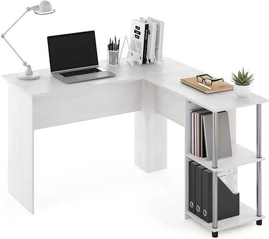 Furinno Abbott L-Shape Computer Desk with Stainless Steel Tubes Bookshelf, White Oak/Chrome