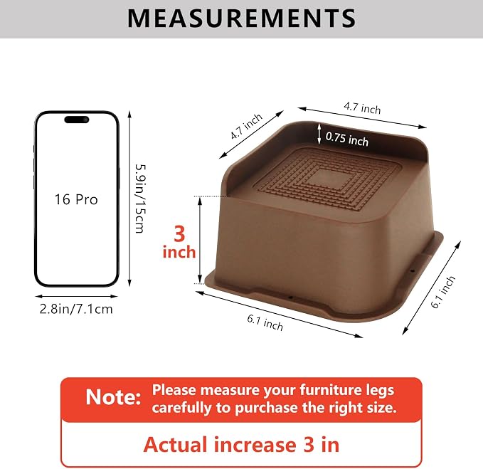 4 Pack Dark Brown Bed Risers 3 inch Heavy Duty, Oversized Furniture Risers, Bed Lifts Risers for Table, Sofa, Chair, Couch, Desk, Bed Frame Risers Supports Up to 6,500 Lbs