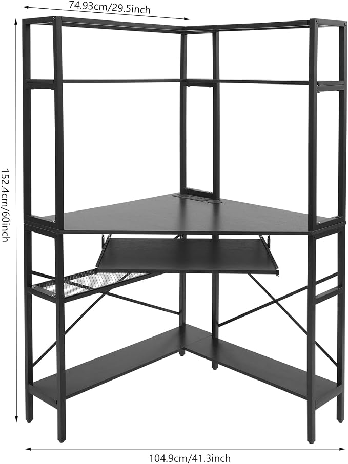 Corner Desk with Hutch, 90 Degrees Triangle Computer Desk w/Keyboard Tray & Bookshelves for Small Space Space Saving Writing Desk w/Storage Shelves for Bedroom Apartment (Black)