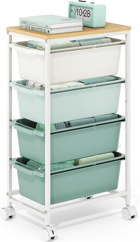Rolling Storage Cart with 4 Drawers, Craft Organizer, Wooden Tabletop Utility Cart for Bedroom, Children's Room and Office Organization, Table Side Trolley with Lockable Wheels, Green