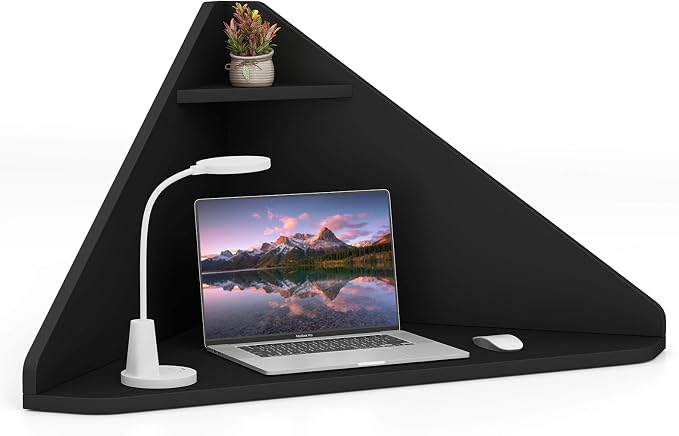 GOFLAME Floating Corner Desk, Wall Mounted Triangular Computer Desk w/Storage Shelf, Space-Saving Design, 90° Wooden Floating Home Office Desk for Writing, Working, Studying (Black)