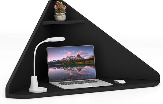 GOFLAME Floating Corner Desk, Wall Mounted Triangular Computer Desk w/Storage Shelf, Space-Saving Design, 90° Wooden Floating Home Office Desk for Writing, Working, Studying (Black)