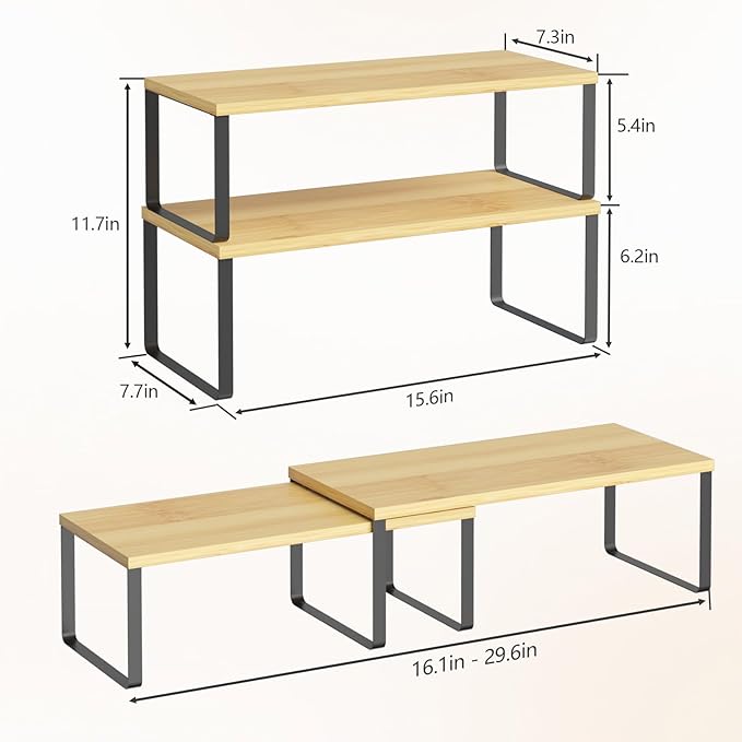 NEX Kitchen Cabinet and Counter Shelf Organizer, Stackable & Expandable, Set of 4, Black and Natural - 7.7 x 15.6 x 6.2''