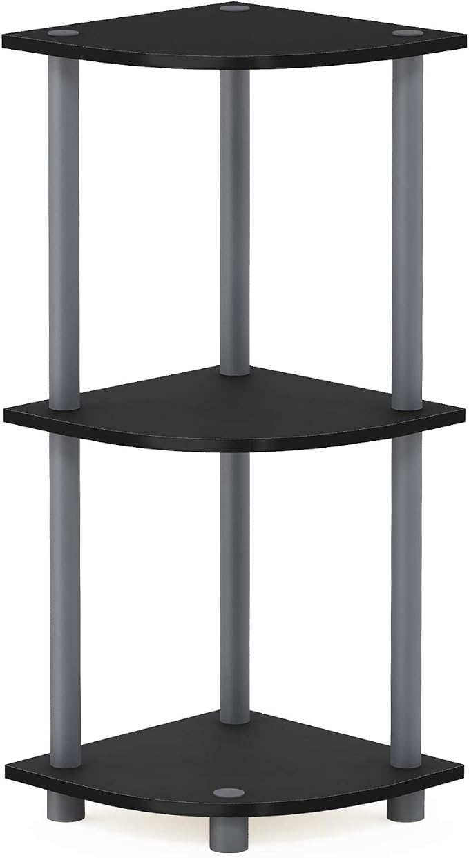 Furinno Turn-N-Tube Toolless Assembly 3-Tier Corner Shelf, Black Corner Book Shelf, Open Shelves Bookshelf, for Organization and Storage, Living Room, Home Office, Bedroom, Classic Black