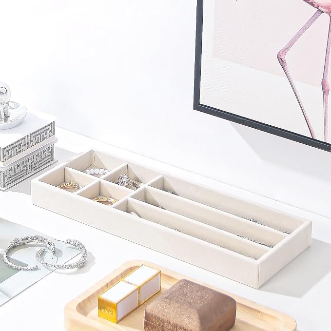 2Pcs Desk Drawer Storage Tray, Nightstand Organizer Tray, Necklace Bracelet Ring Earring Jewelry Display Tray, Grid Table Organizer Holder Tray for Sunglass, Phone, Watch, Perfume (7 grid)/Beige