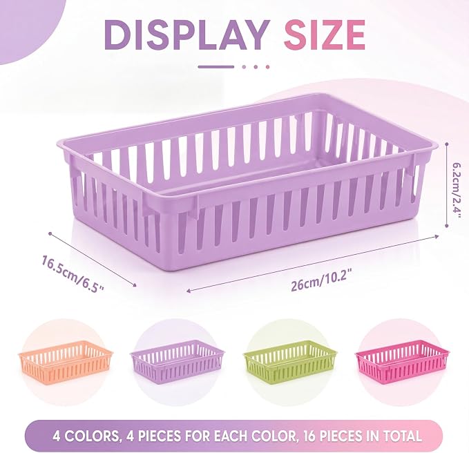 Thenshop 16 Pcs Classroom Storage Baskets Classroom Pencil Organizer Bins Plastic Book Baskets for Library Plastic Storage Trays for Desk Drawer Home Office, 10.2 x 6.5 x 2.4 Inch (Fresh Color)