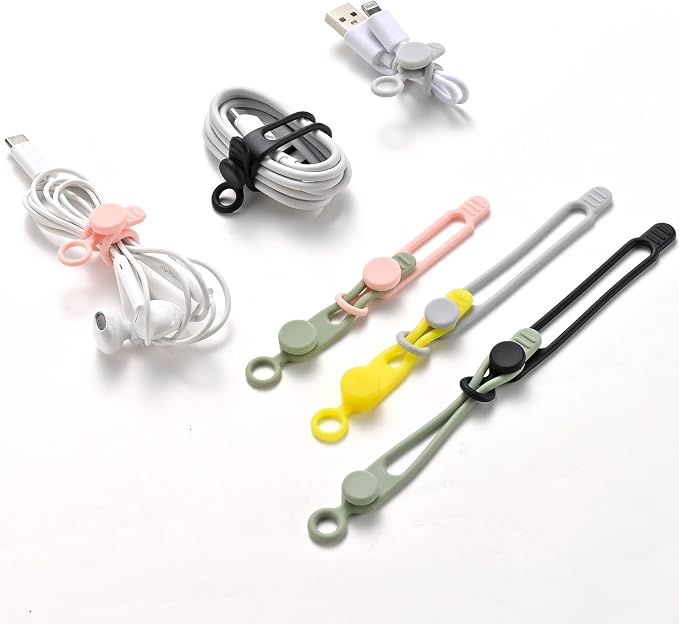 10Pcs Reusable Silicone Cable Ties – Adjustable Cord Organizer with Locking Buckle, Elastic Cable Straps for Earphones, Chargers, PC Wires – Colorful Wire Wraps for Home, Office, Travel