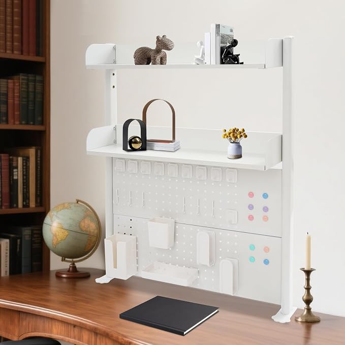 Clamp On Desk Organizer Shelf, 31.5" x 37" Desk Extender Pegboard Bookshelf Workstation Computer Desk Accessories with Shelf for Office, Privacy Panel for Gaming Desk (White, 31.5"W x 37.4"H)