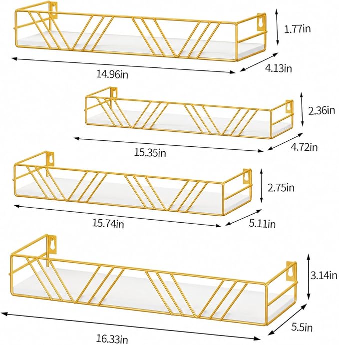 Amaoot Floating Shelves for Wall Set of 4, Different Sizes Mounted Wood Floating Shelf, Wall Shelves for Living Room,Bedroom, Bathroom, Kitchen, Farmhouse Decor, Office (Gold)