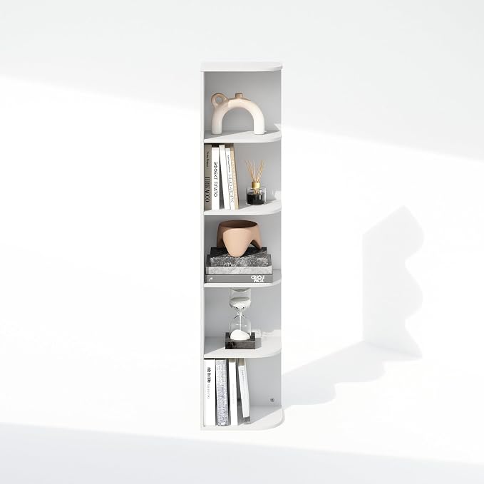 Furinno Reed Corner Shelf, 5-Tier Corner Bookshelf, Book Shelf, Corner Shelves, Storage Rack, for Organization and Storage, Home Office, Living Room, White