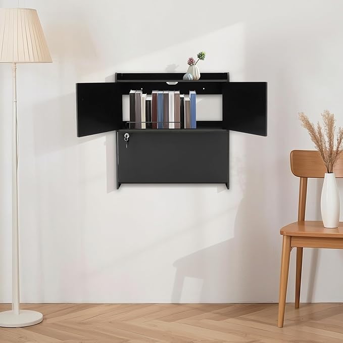 Wall Mounted Desk Cabinet, Foldinng Floating Wall Mount Laptop Desk, Space Saving Wall-Mounted Table with Storage Drawer & Shelves for Home Office School (Black)