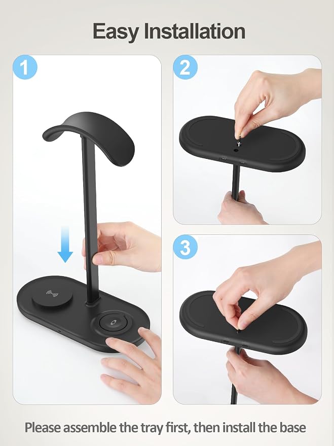TopMade 4 in 1 Headphone Stand for Desk with Wireless Charger & USB Charging for iPhone/AirPods/iWatch, Universal Desktop Gaming Headset Holder for Airpods Max, Bose, Beats, Razer and More, Black