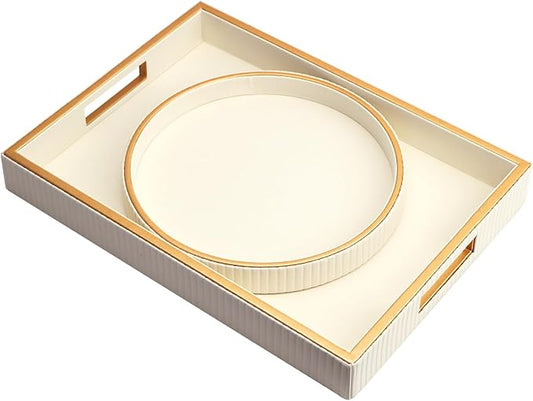SANZIE Leather Tray Desktop Storage Organizer Premium Serving Trays Decorative Tray Valet Tray for Sundries Cosmetics Phone Wallet Cutlery (White Holder with Disc)
