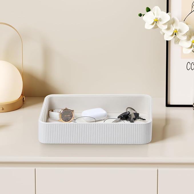 PU Leather Valet Tray Organizer, Modern Nightstand Organizer Bedside Desktop Storage for Womens and Men, Decorative Perfume Trinket Catchall Vanity Tray for Key Watch Wallet (White)