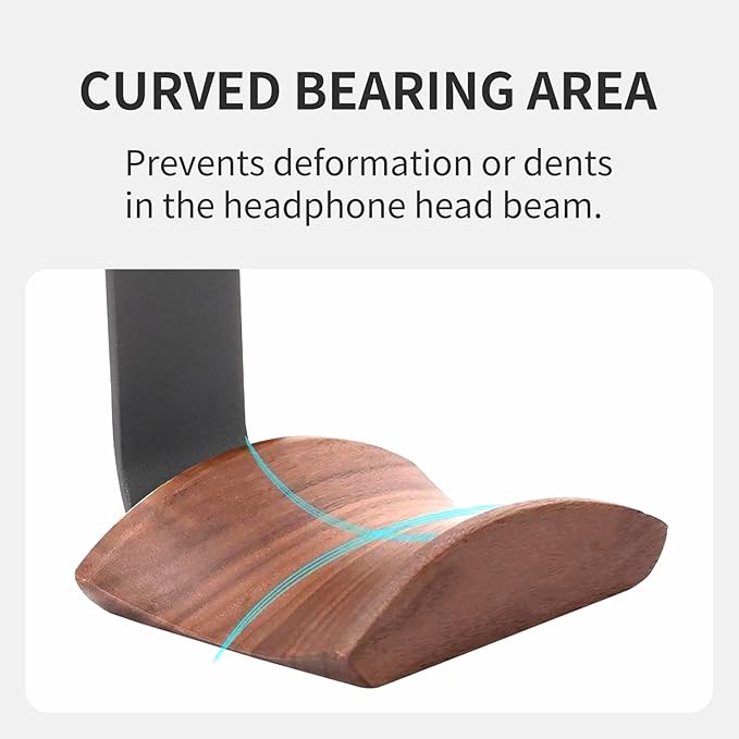 Walnut Wood Headphone Wall Mount Holder, Curved Headset Hanger with Black Metal Bracket, Adhesive or Screw Mount, Holds 10 lbs