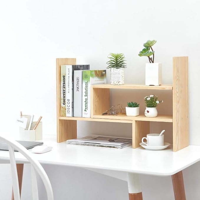 Liry Products Beige Adjustable Extendable Natural Wood Desktop Organizer Caddy Desk Organizer Countertop Shelf Bookcase Display Stand Rack Expandable Storage Office Home