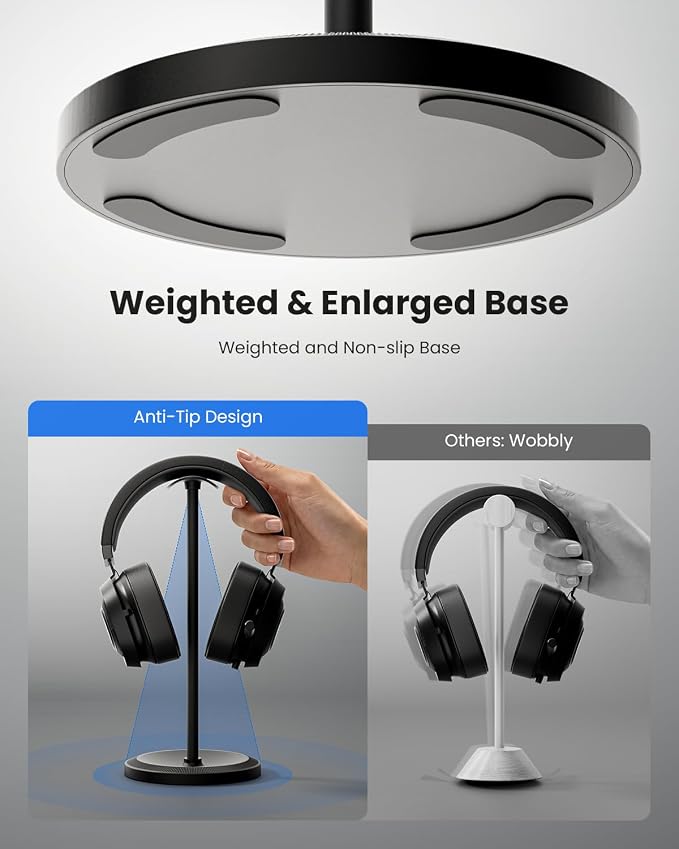 Headphone Stand, Desktop Headset Holder, Black | Earphone Stand, Gaming Headphone Hanger, Enlarged Headrest Heavy Base, Office Desk Accessories for All Headphones Size