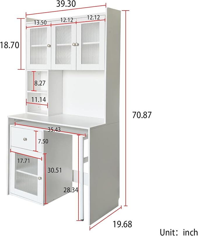 Computer Desk with Hutch and Rotating Desktop, White Corner Study Desk with Glass Door Storage Cabinets and Fold Out Shelf for Home Office, Craft Cabinet with Fold Out Table (White)