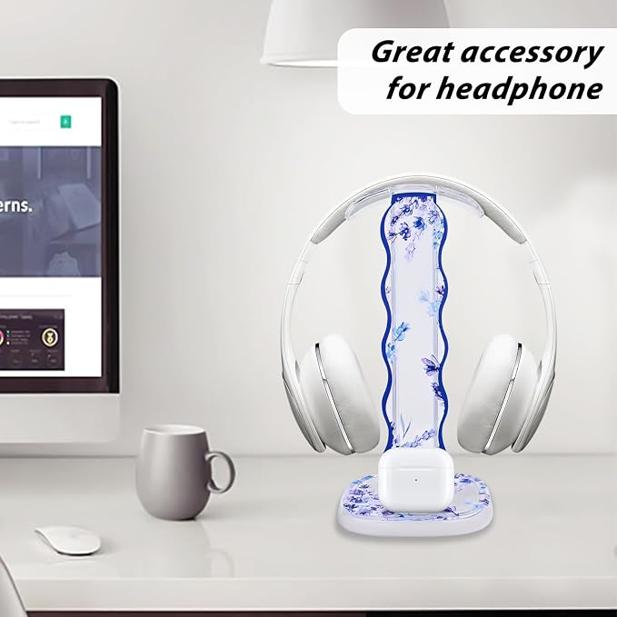 CamyCosy Headphone Stand Gaming Headset Holder for Desk,Unique Purple Lavender Flowers Pattern Clear Cellphone Stand Earphone Stand Desk Accessories for All Headphones Size