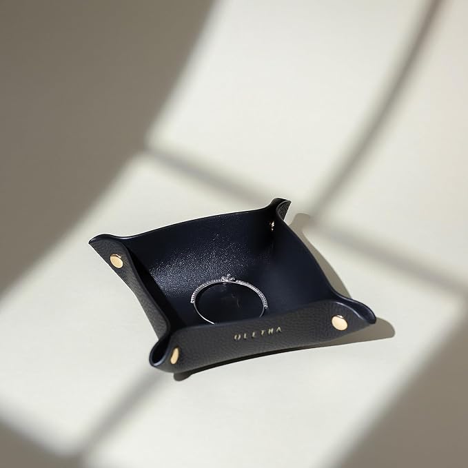 OLETHA Small Foldable Valet Tray - Aesthetic Desk Organizer for Home, Office & Travel - Portable Catch All Bowl for Keys, Jewelry & Essentials - Black