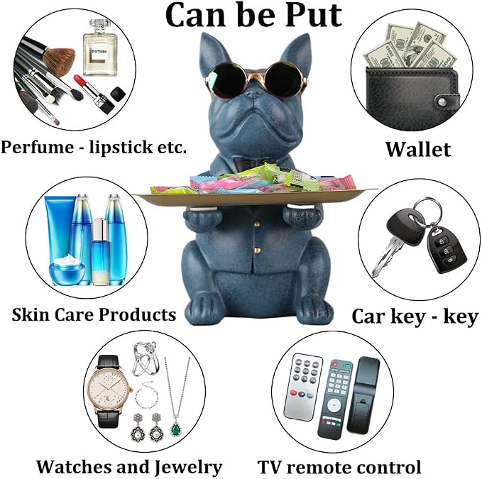 Modern Resin Blue Bulldog Statue Piggy Bank Key Holder Candy Jewelry Earrings Tray for Home Decor Modern Art Dining Table Decor Office