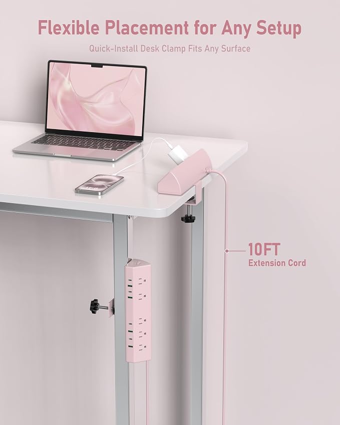 Jgstkcity Desk Clamp Power Strip,45W Fast Charging Station,4 USB-C,4 USB-A,1200J Surge Protector,ETL Listed,1875W Extension Cord,Multiple Outlets for Home, Office (Pink, 10 FT Cable)