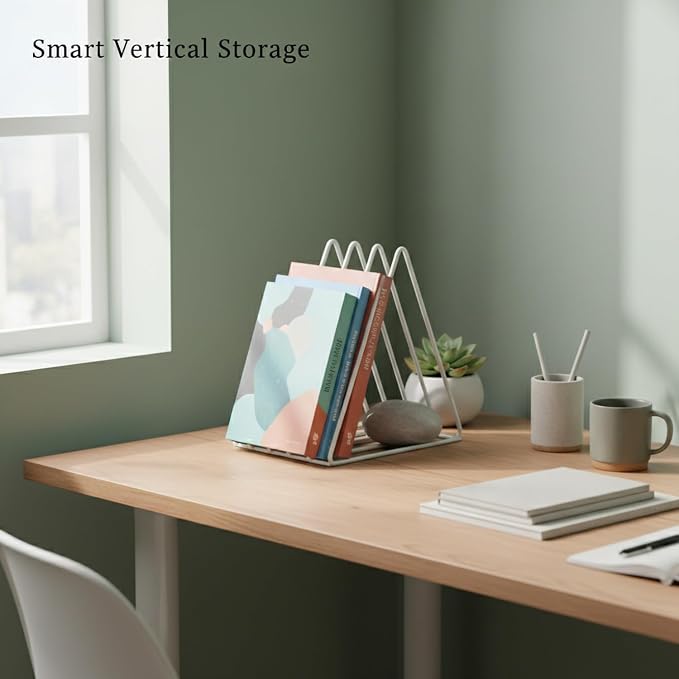 White Iron Triangle Bookshelf, Compact Corner Desk Organizer for Small Spaces, Vertical Storage Rack for Books and Decor, 7.5 x 6.3 x 7.2 Inches