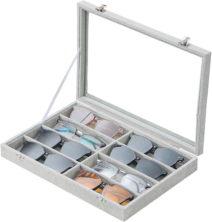 Jewelry Sunglasses Organizer Tray, Grey Velvet Eyeglasses Display Tray Box, Glasses Organize Storage Holder for Home Desk or Selling Show Display (with Lid)