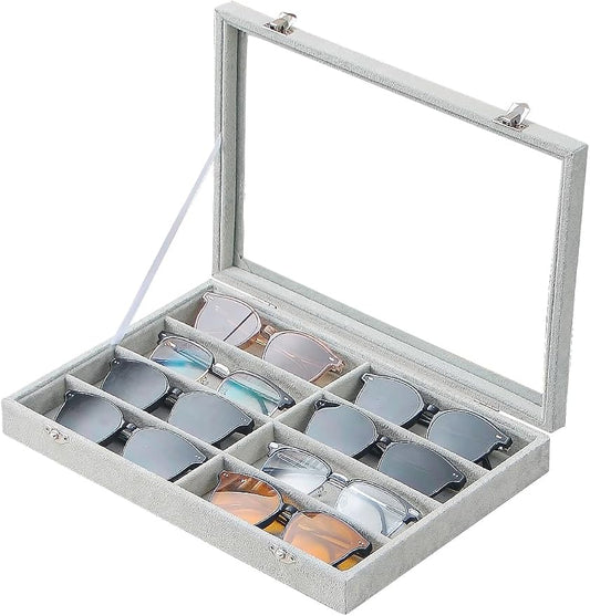 Jewelry Sunglasses Organizer Tray, Grey Velvet Eyeglasses Display Tray Box, Glasses Organize Storage Holder for Home Desk or Selling Show Display (with Lid)