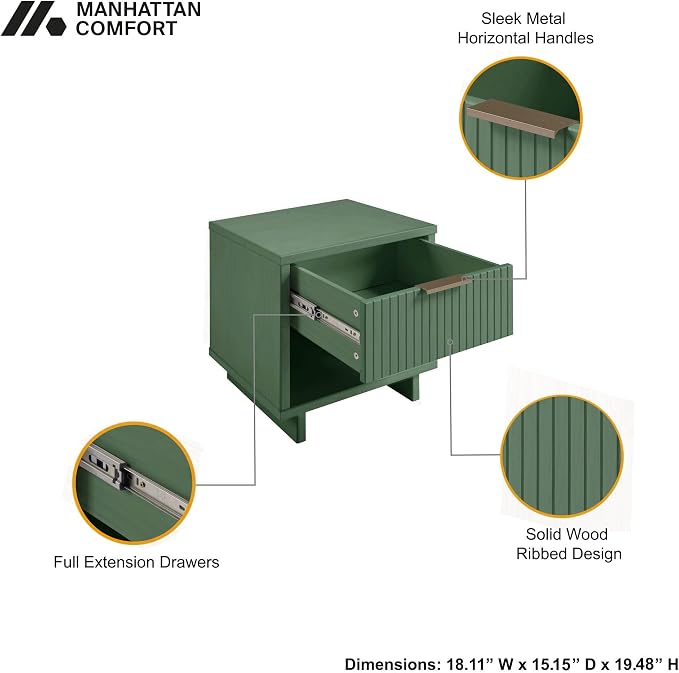 Manhattan Comfort Granville 1-Drawer Nightstand Set of 2, Modern Glam Bedside Table with Ribbed Design and Gold Handles, Ideal for Living Room and Bedroom Use, Sage Green