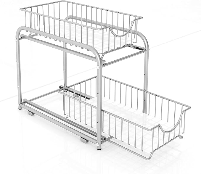 under sink storage 2 Tier Stackable Sliding Basket Organizer Drawer For Kitchen And Bathroom/Cabinet Drawers,silver