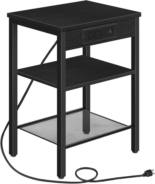 HOOBRO Side Table with Charging Station and USB Port, Small End Table for Small Space, 3-Tier Nightstand with Adjustable Shelf, for Living Room, Bedroom, Black BB112BZ01