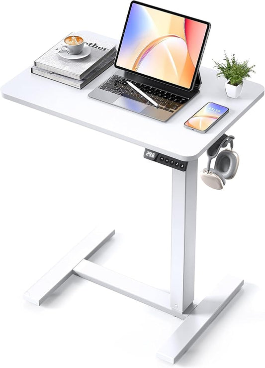 Overbed Bedside Table with Wheels, Electric Standing Desk Adjustable Height, Small Computer Desk for Home Office, Rolling Laptop Desk for Bed, Sofa, or Hospital Use (24"x16",White)