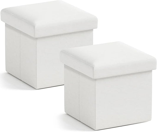Ornavo Home Small Storage Ottoman, Set of 2 Foldable Collapsible Cube Square Linen Ottoman Foot Rest Stool Seat, for Living Room, Bedroom, Home Office, Dorm - 12 x 12 x 12, White