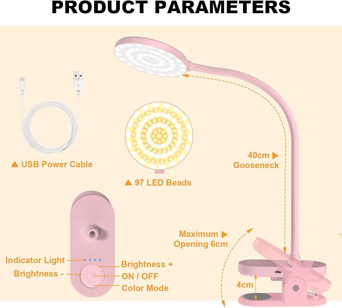Rechargeable LED Desk Lamp with Clamp, Portable Clip on Light with 3 Color & 10 Brightness, Cordless Desk Light for Makeup Home Office Book Reading Crafting Sewing Drawing Knitting Puzzle (Pink/4.7'')
