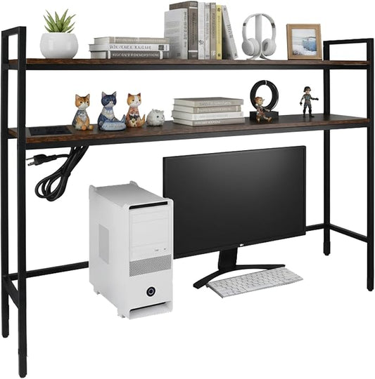 38.5" Desk Shelf with Outlets, 2-Tier Adjustable Multipurpose Engineered Wood Organizer Desk Hutch, Office Storage Rack, Desktop Shelf Organizer for Dorm,Office Home (Brown)