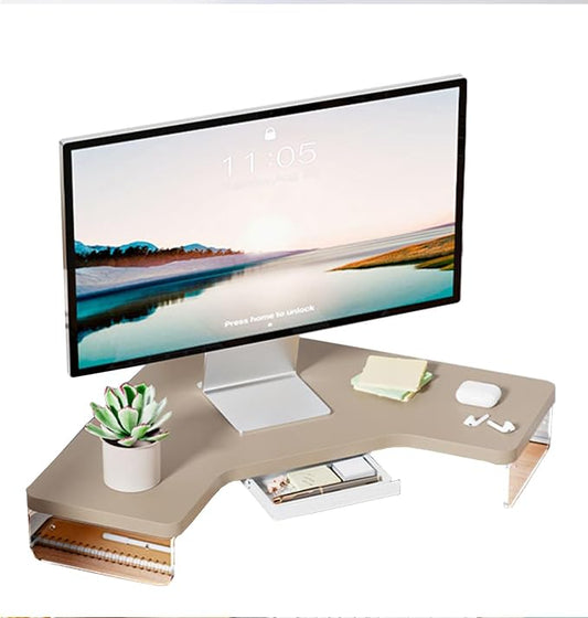 Corner Monitor Stand Clear Acrylic Leg ＆ Wood Corner Screen Stand, L-Shape Desk Triangle Riser for Monitor/Laptop/Computer, Corner Organizer with Drawer (Color : Brown)