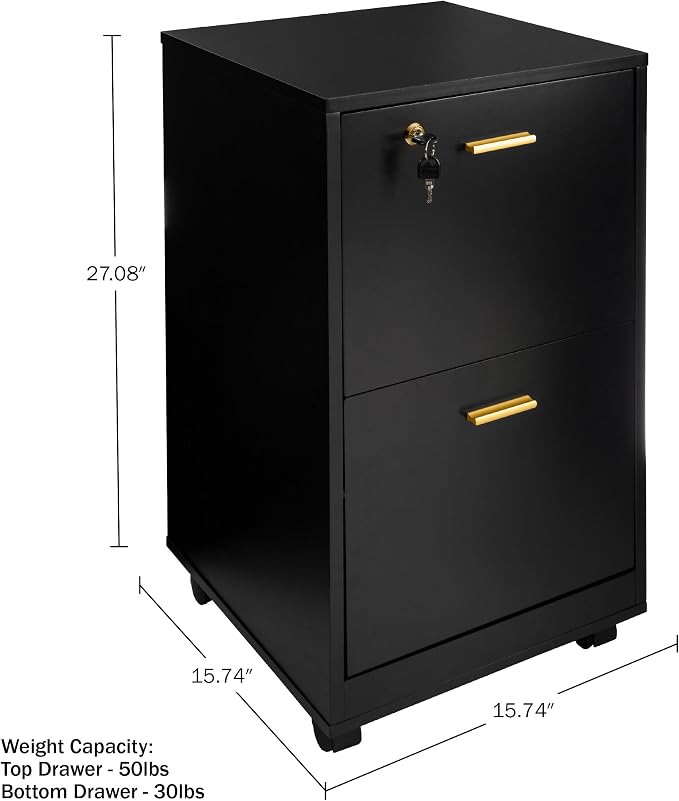 Lavish Home 2 Drawer File Cabinet - Filing Cabinet with Lock - Rolling File Cabinet for Under Desk Storage - Wood Filing Cabinet for Home or Office Organization (Black)