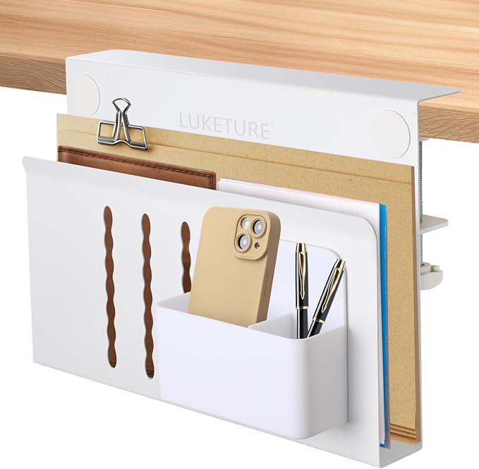 LUKETURE Laptop Holder, Steel Desk Side Storage, No Drill Standing Desk Accessories, Laptop Mount with Pen Holder, Back to School Supplies, Fits Flat Edge Tables 0.3" to 2.8" (White, M(1 Tier))