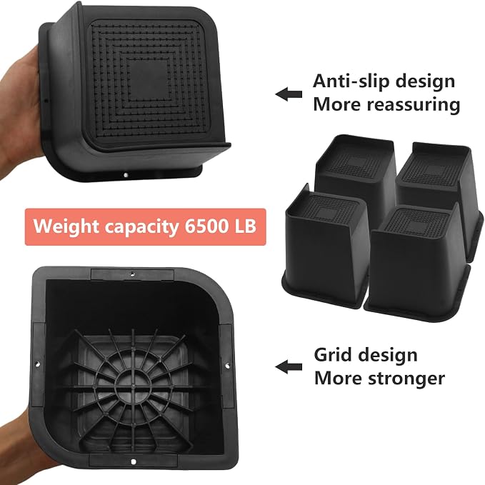 4 Pack Bed Risers 5 inch Heavy Duty, Oversized Furniture Risers, Black Bed Lifts Risers for Table, Sofa, Chair, Couch, Desk, Bed Frame Risers Supports Up to 6,500 Lbs