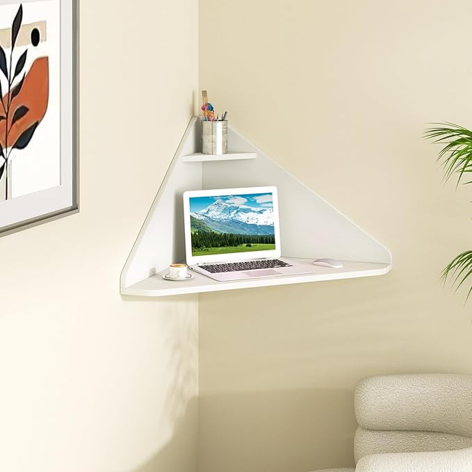 Giantex Corner Floating Desk, Wall Mounted Computer Desk with Storage Shelf, Space-Saving Writing Desk, Triangle Laptop Desk for Living Room, Study, Bedroom, Home Office & Small Spaces (White)