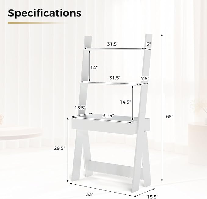Tangkula Ladder Desk with Countertop & Drawer, Home Office Computer Laptop Table with Open Shelves & Anti-Tip Kits, Wall-Leaning Compact Working Station for Small Spaces (White)