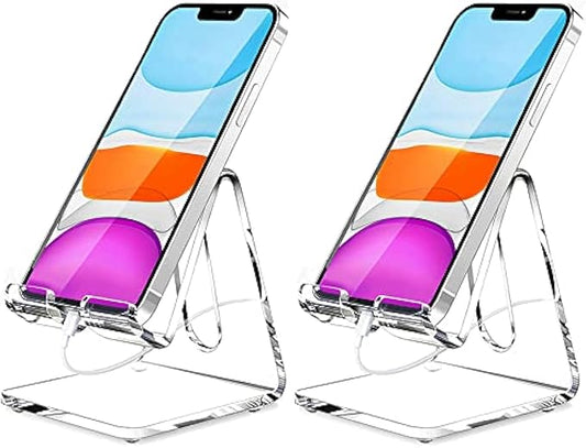 Crpich Acrylic Cell Phone Stand, Portable Phone Holder, Clear Phone Stand for Desk, Compatible with Phone16 15 14 13 12 Pro Max 11 Xr Plus SE, Switch, Android Smartphone, Pad, Desk Accessories, 2 Pack